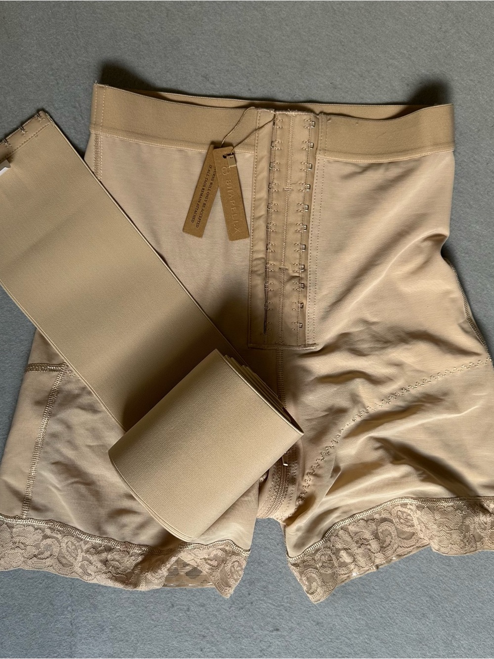 High-Waist Sculpting Shorts with Lace Trim in Beige
